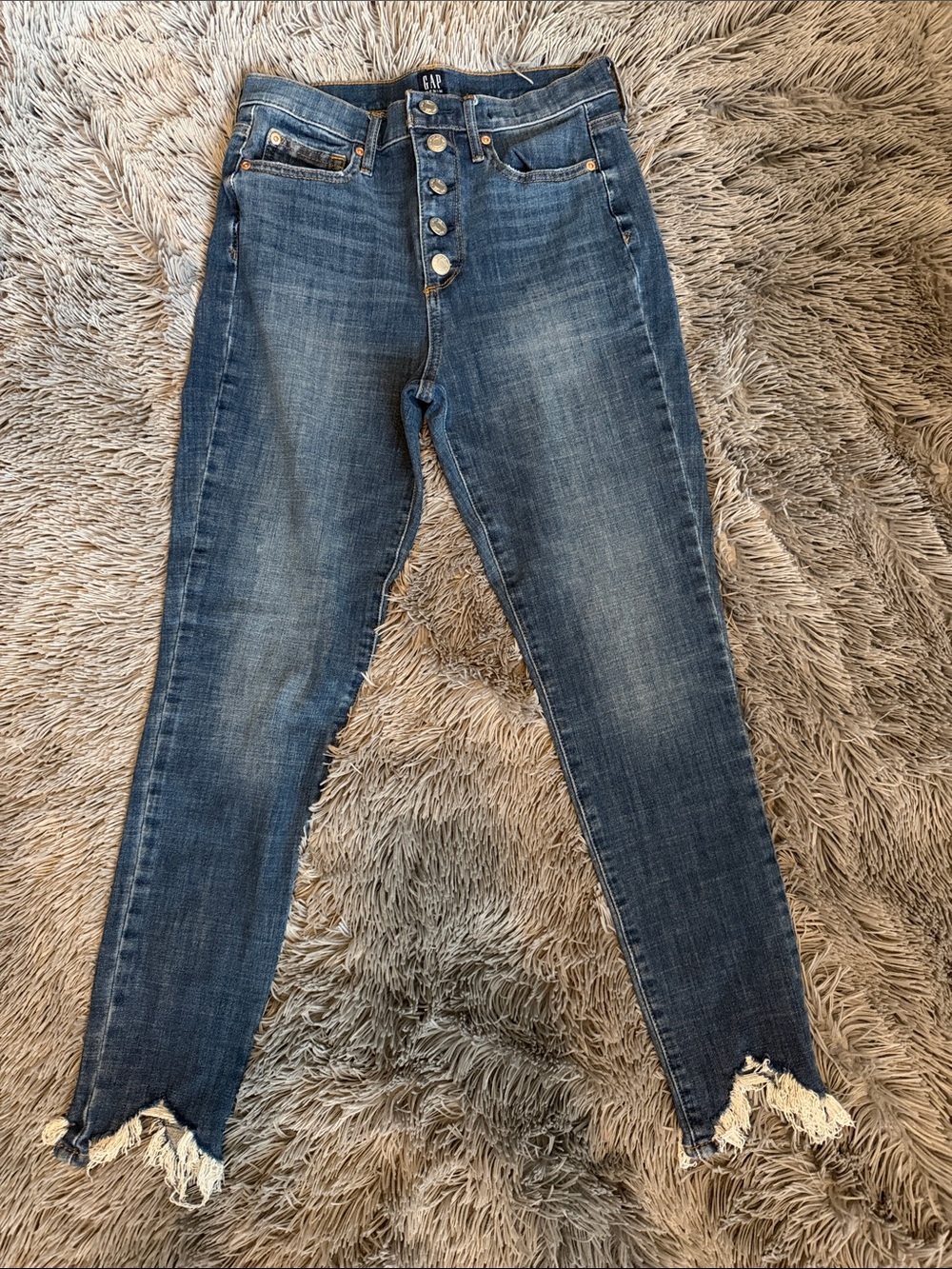 GAP High-Rise Button-Fly Distressed Dark Blue Jeans
